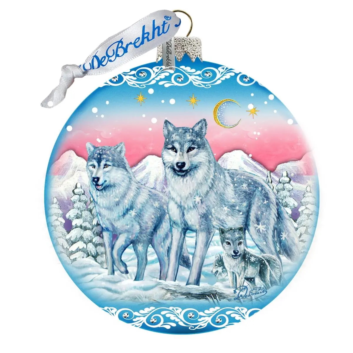 G.DeBrekht 73880 Luxury Boxed Artistic Hand-Painted High-Quality Round Glass Ball Ornament - Wolves Guardian of Spirituality, Iridescent Light Traditional Satin Transparent Limited Edition Holiday Tree Decoration Home Gift