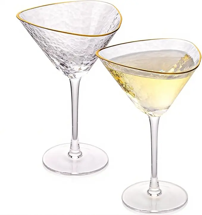 Classic 9 oz Cocktail Glasses - 2-Piece Hammered Texture Set, Unique Triangular Bowl, V-Shaped Stem, Gold Rim, Handmade Kitchenware Drinkware for Adults, Wedding/Birthday Gifts, Martini Glasses