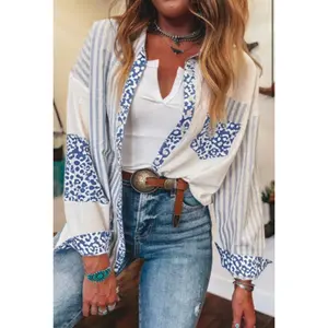 Stone Blue Leopard Striped Western Casual Button Up Shirt