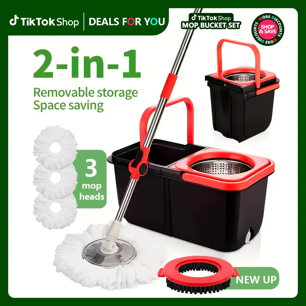 Mop Bucket Set with 360° Spin Mop and Bucket System 3 Microfiber Heads 61/48In Adjustable Handle for Shop Floor Cleaning