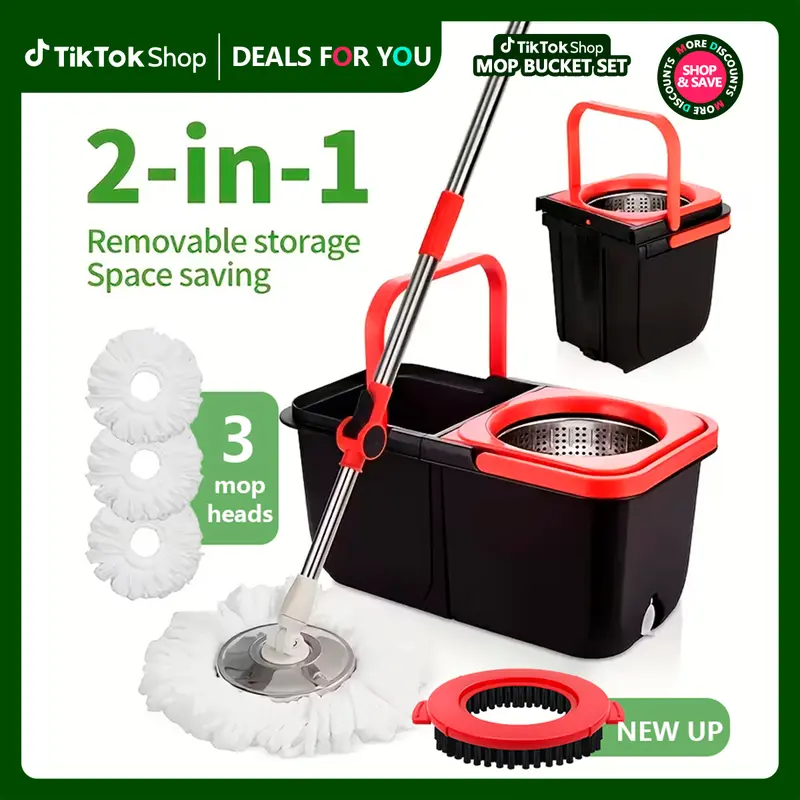 360° Rotating Mop and Bucket Set for Shop Floor Cleaning, 61in Adjustable Handle, 3 Microfiber Replacement Heads, Included Bucket & Brush, Household Cleaning Supplies, 61\Handle+Bucket+Brush+Replacement Heads*3