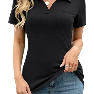 Womens V Neck Polo Shirts Short Sleeve Collared Tops Loose Casual Tunic Blouses with Pocket