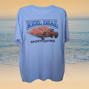 Reel Deal Grouper Soft Cotton/Polyester Blend T-Shirt in Light Blue - Men's Top - Menswear, Fishing Tee - Tshirt, Streetwear short sleeve graphic t-shirt