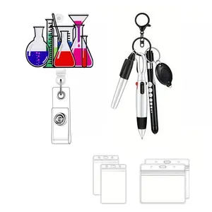 Science Lab Beaker Expandable Badge Reel Set, Chemical Theme ID Card Holder, Multi-Function Pen, Ideal for Teachers and Lab Staff