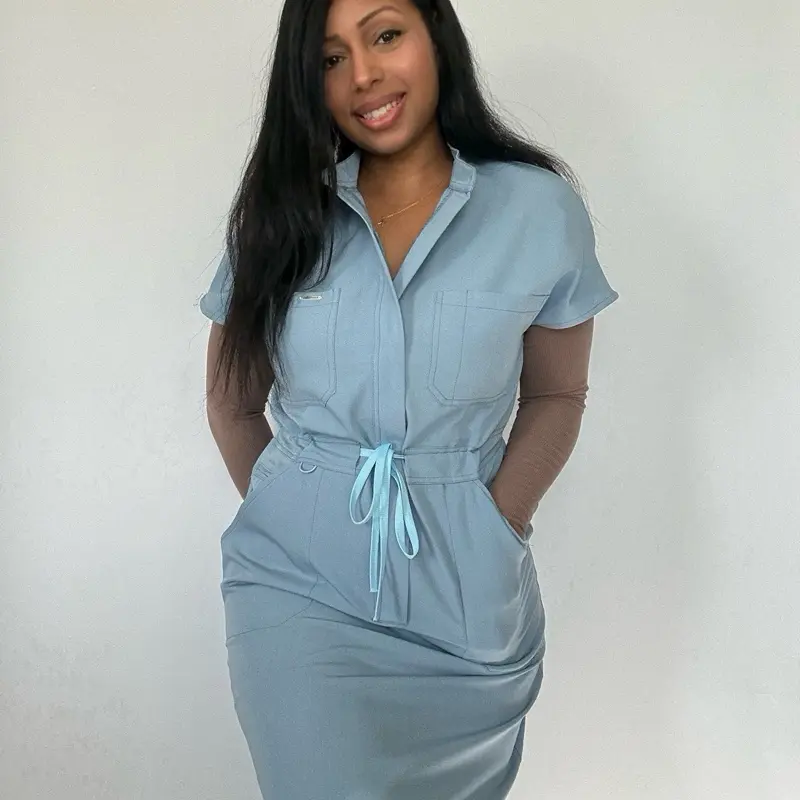 ceil blue scrub dress Daughter Scrubs in or Black for Women Comfortable and Stylish Medical Uniform Neck Tunic Scrub Top linen_clothes TID Practice Ballroom Dance Sleeves:With Puff Sleeve