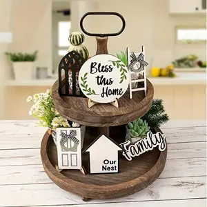 Wooden Tiered Tray Decor without Tray, 6 Counts/set Farmhouse Themed Tiered Tray Decor, Home Decor for Living Room Bedroom, Vanity Decor Accessories