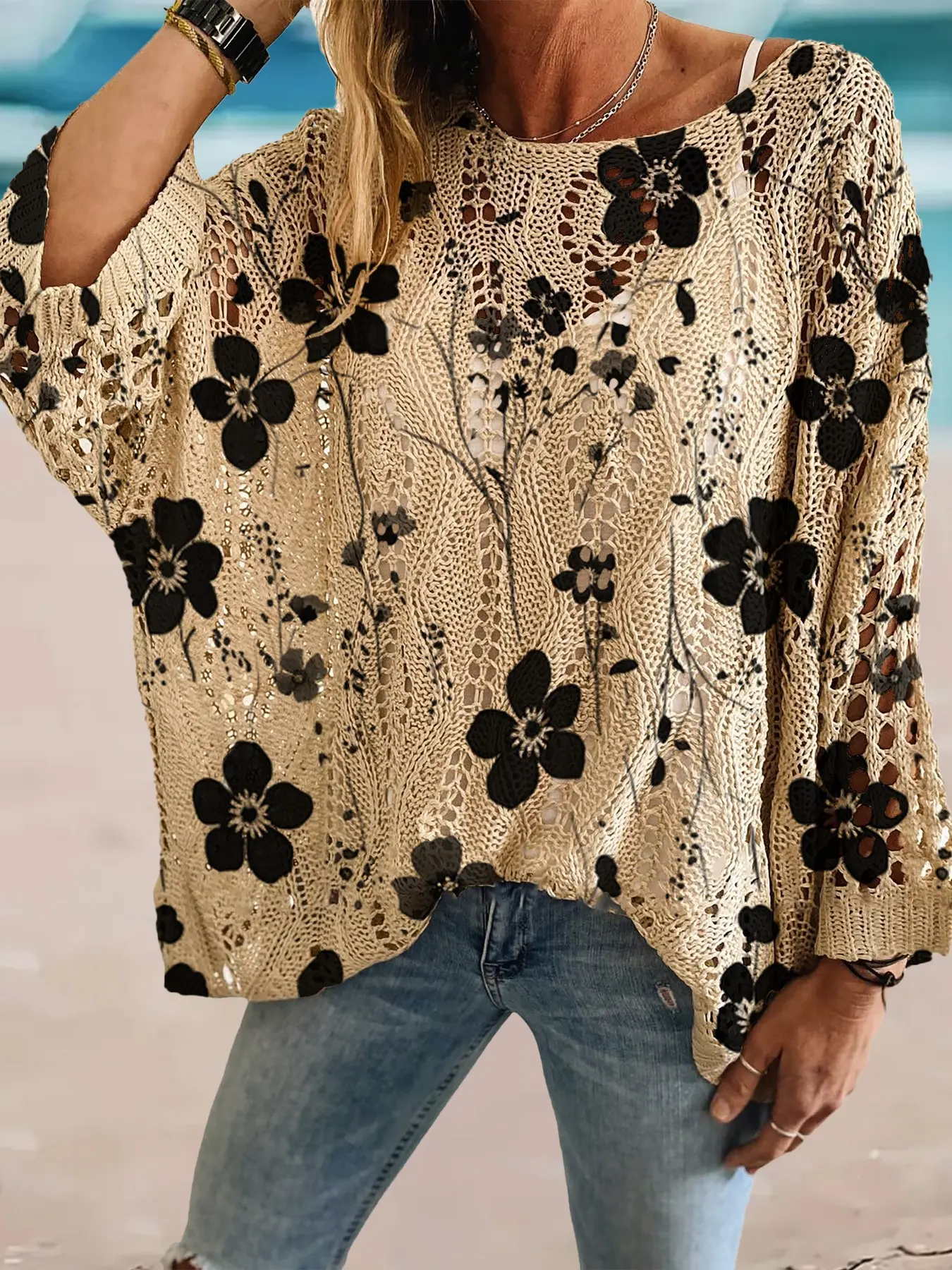 Spring Summer Round Neck Hollow Out Batwing Sleeve Knit Sweater, Floral Print Loose Fit Baggy Vacation Style Boho Hoodie, Casual Elegant Commuter Wear Knitwear Women