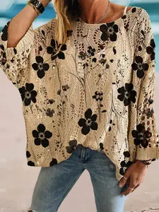 Spring Summer Round Neck Hollow Out Batwing Sleeve Knit Sweater, Floral Print Loose Fit Vacation Style Hoodie, Casual Elegant Commuter Wear