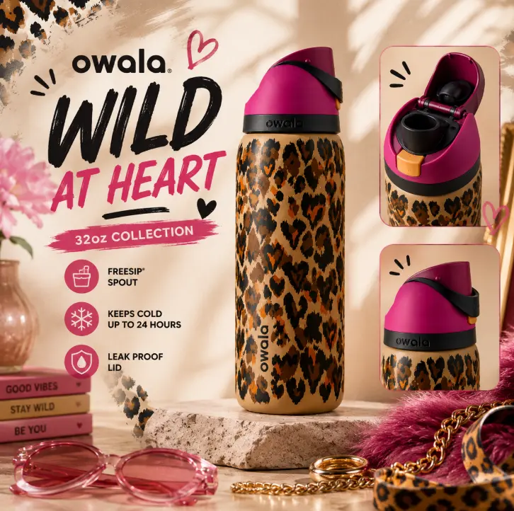 Owala FreeSip 32oz Wild At Heart Water Bottle Chic Leopard Design Double Wall Insulated Travel Cup for Women