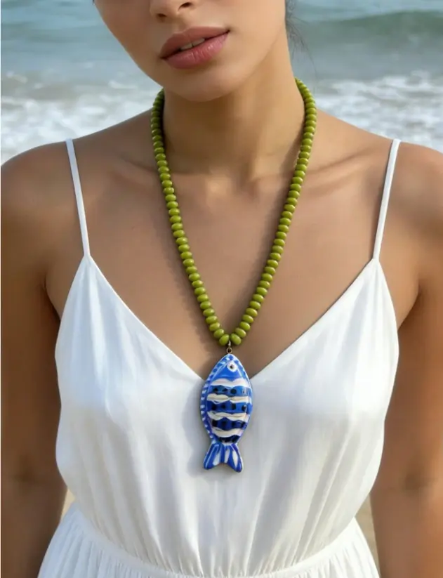 Boho Fish Pendant Beaded Necklace, Multicolor Ocean Style Jewelry for Women, Beach Vacation Accessory