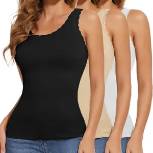 Women's Contrast Lace Tummy Control Shapewear Tank Tops  Crew Neck Compression Tops Body Shaper Camisole, Stretchy Comfy Cami Undershirt Womenswear for Daily Wear
