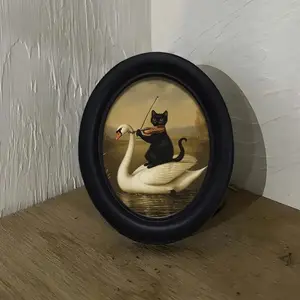 Vintage Wooden Picture Frame, Cat Playing Piano on Swan (4.16 X 5.25), Hand-Printed Image, Perfect for Living Room Bedroom Kitchen Walls, Decoration Items, Home Office Frame