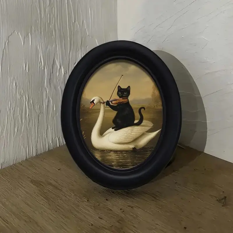 Vintage Wooden Picture Frame, Cat Playing Piano on Swan (4.16 X 5.25), Hand-Printed Image, Perfect for Living Room Bedroom Kitchen Walls, Decoration Items, Home Office Frame, Photo Frame, Vintage Picture Frames