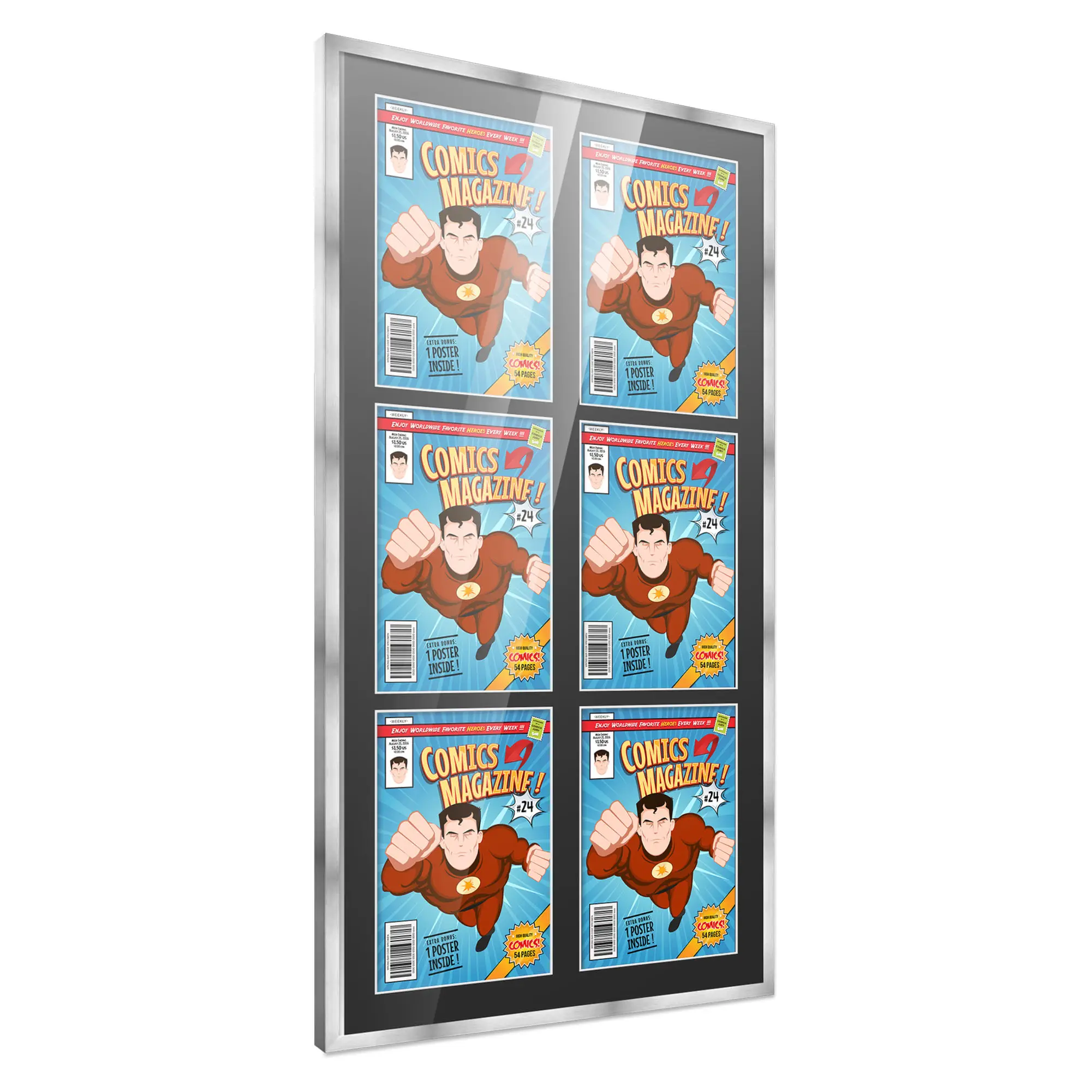 Comic Book Frame with Mat for 6 Silver Age Comics Published Between 1956 and 1970 - Silver Wood Comic Frame With Black Mat for 7.125x10.5 Comics - 20x38.5 Frame Size