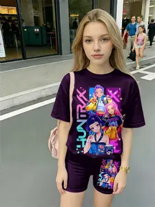 Disco Neon Huntrx Women's Short Sleeve Set, 3D Anime Character T-Shirt & Shorts Two-Piece, Casual Asymmetrical Design, All over Print