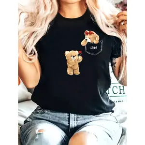 Women'S Black Cute Teddy Bear LOVE Pattern T-Shirt - Soft Round Neck Short Sleeve Casual Top, All-Season Comfortable Machine Washable Durable Fabric, Teddy Bear Print Shirt