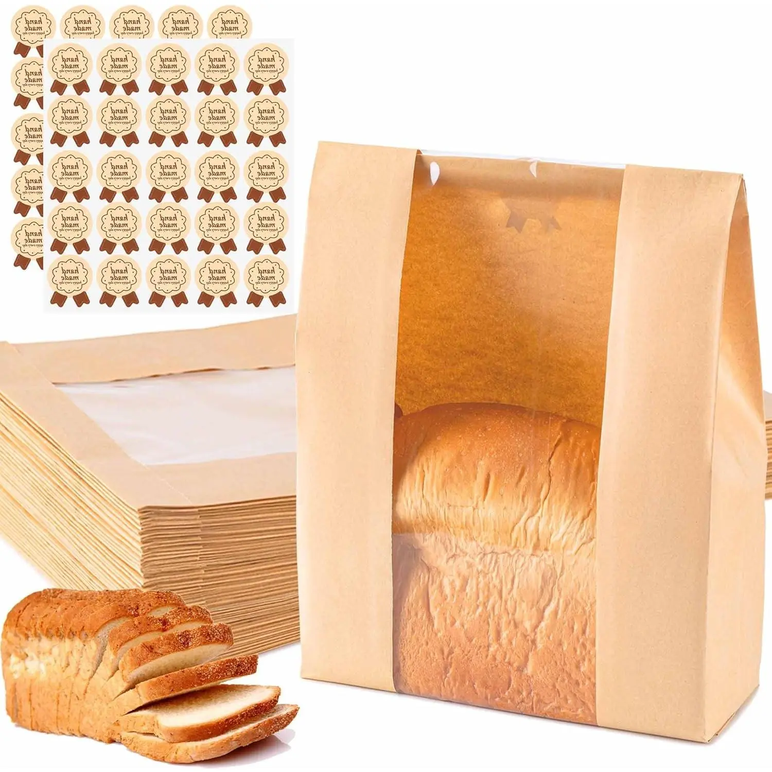 50 count Sourdough Paper Bread Bags for Homemade Bread with Window, Includes 50 count Label Seal Stickers for  Storage(50% Thicker 13.7x8.3x3.5 in - Large)