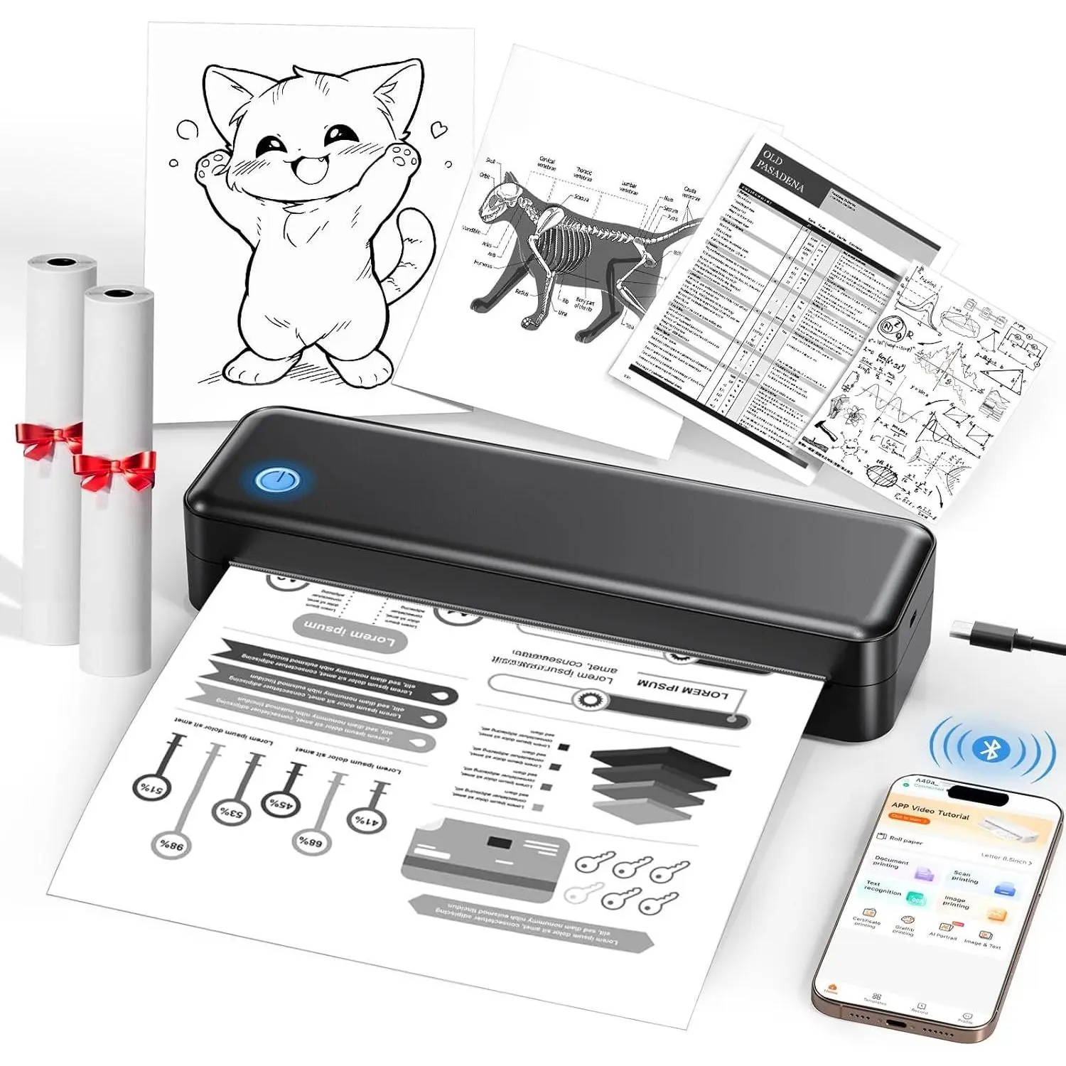 Portable Printer  for Travel, Inkless Thermal Printer Supports 8.5 x 11 Inch Thermal Paper,  Compatible with iOS, Android, Laptop Includes 2 Rolls & 10 Sheets of Paper Kit