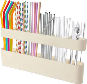 9.6'' Large Silicone Straw Holder for Cabinet Door, Space-Saving Straw Organizer Container with Adhesive Tape, Stylish Kitchen Organizers and Storage Accessories for Cabinet, Cupboard, Counter