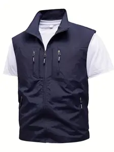 Men's Solid Pocket Zipper Vest Jacket Gilet without Tee, Regular Fit Casual Sleeveless Collared Outerwear for Spring & Fall, Men's Athletic Clothes Activewear for Outdoor Activities