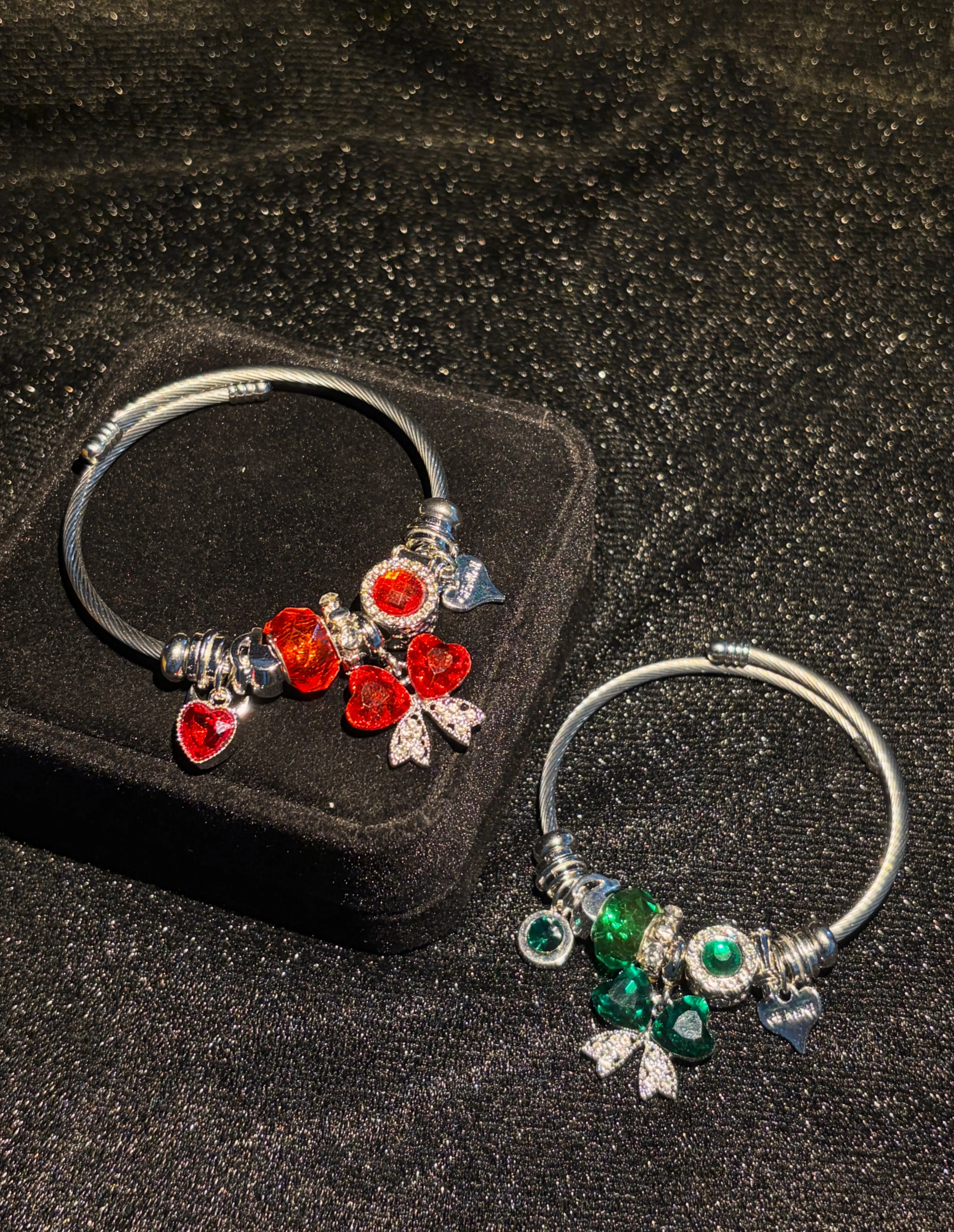 Women's Adjustable Open Silver-Tone Wire Bangle Bracelet, Sparkling Heart Butterfly Crystal Charm Design, 2-Color Red/Green Costume Jewelry, Fashion Statement Gift for Daily/Party Use