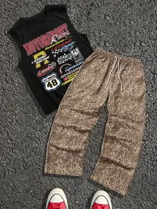 Men's Loose-Fitting Graffiti Pattern Racing Style Vest and Long Pants Set, Streetwear for Casual Style and Graphic Enthusiasts