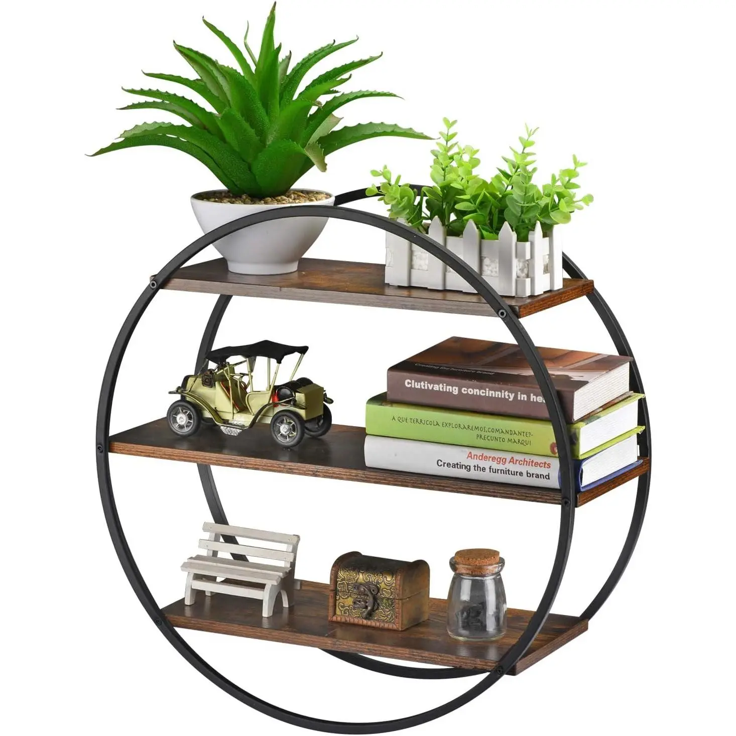 Floating Shelves, 3 Tier Decorative Geometric Circle Metal and  Wall Shelves, Bathroom Shelf Round Wall Decor, Rustic Brown