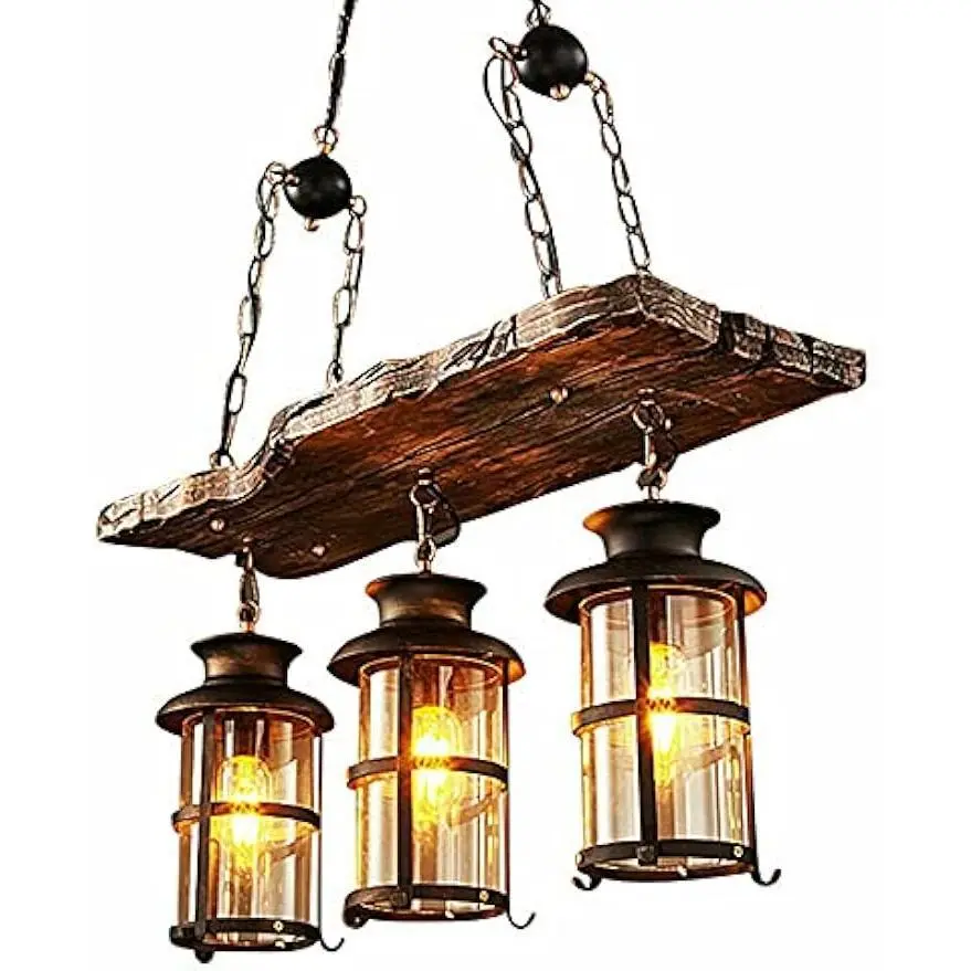 Chandelier Lights, Pendant Light Farmhouse Wooden Hanging Island Lighting Fixture Retro Rustic Industrial for Kitchen Dining Room Bar Restaurant Industrial Ceiling Lamp Pendant Hanging 3 Lights