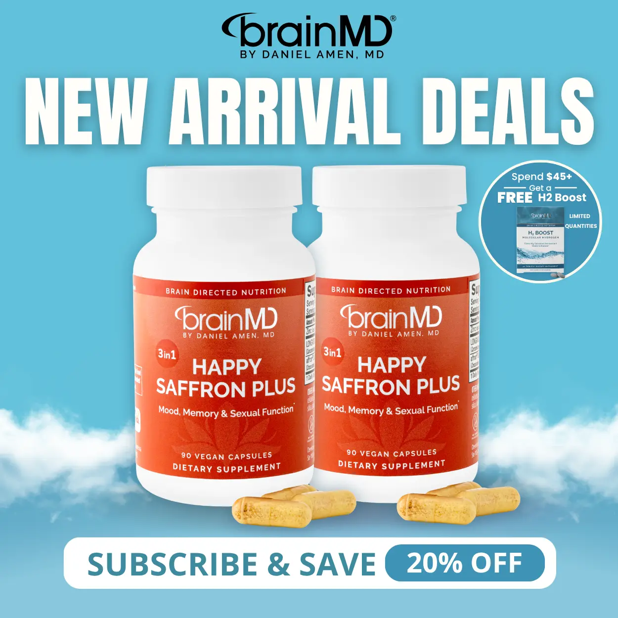 Happy Saffron Plus 2-Pack | BrainMD | 180 Capsules (2 x 90) | Mood & Stress Support | Memory, Focus & Libido Support | Affron Saffron Extract with Curcumin & Zinc