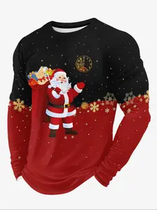 Men's Long Sleeve Santa Claus Pattern 3D Digital Print Top, & Casual Pullover with Snowflake Design, Holiday Clothing