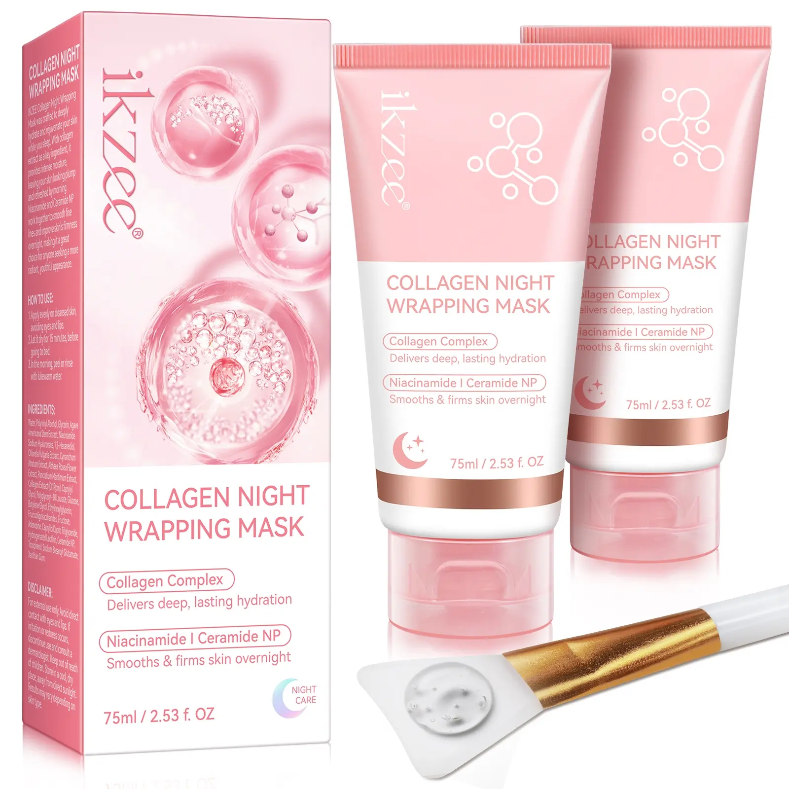 1 Count, IKZEE Collagen Sleeping Mask 75ml, Includes Mini Spatula, With Active Peptides, Hyaluronic Acid, Niacinamide, Glycerin & Ceramide, Hydrating & Firming Overnight Liquid Mask, Suitable For All Skin Types.