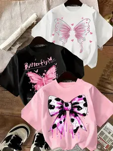 Girls' 3-Pack Sweet Cool Graphic Tees, Watercolor Butterfly Wings/Graffiti Butterfly/Splatter Bow Print Apparel, Oversized Relaxed Fit Casual T-Shirts for 8-12 Years, Perfect for Birthday Parties, Playdates & Casual Outings, Popular Kids Y2K Merch