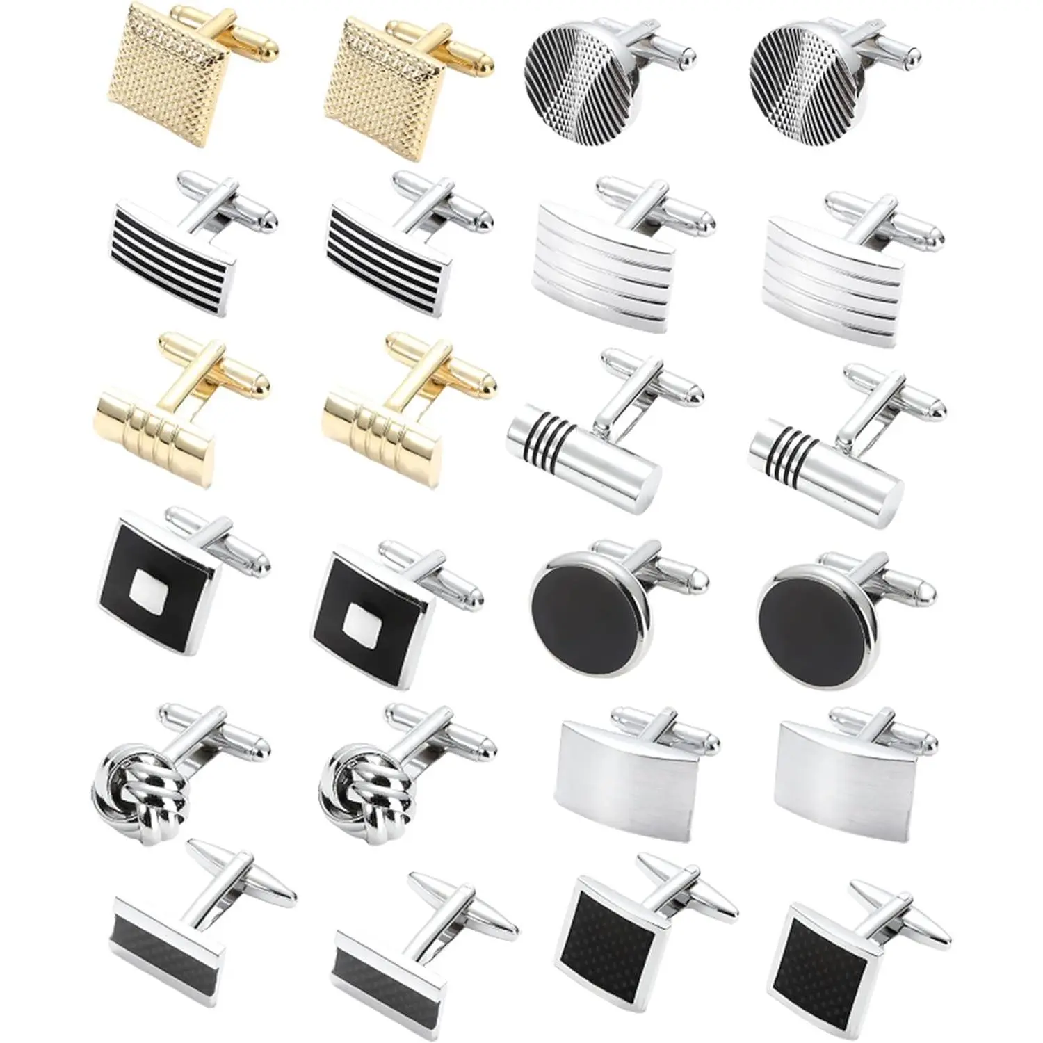 12-Pair Men's Cufflinks Set, Classic High Quality Polished Brass with Assorted Designs, Durable for Wedding & Business Formal Shirts, Material