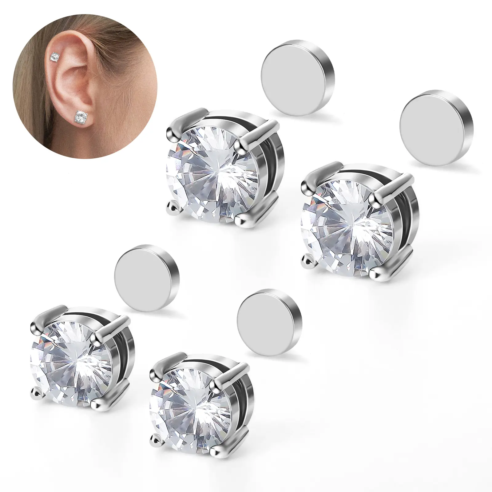 1 &2&4 Pairs Stainless Steel Magnetic Stud Earrings for Men Women Non-Piercing CZ Hypoallergenic 6-8MM