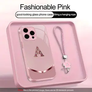 Suitable for [iPhone 16 Pro] high-end women's phone case🤩，a beautiful four-leaf clover lanyard is included🍀，simple yet sophisticated design, 26 English letters to choose from, printable patterns, non-glittery diamonds YM99