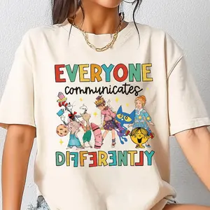 Everyone Communicates Differently Shirt, Pete The Cat Ms Frizzle Little Miss Autism Shirt, Neurodiversity Shirt, SPED Teacher Autism Awareness Month We Wear Blue Tee