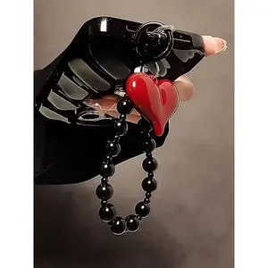 Red Heart Black Bead Mobile Phone Lanyard - Keychain Accessories, Suitable For Decorating Phone Cases, Wallets, Heart-Shaped Design, Fashionable Lanyard, Accessories, Cell Phone Charm, Fashion Enthusiasts, Phone Charms