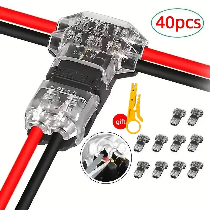 40pcs T2 Quick Connector Terminal, T Type 2 Pins Wire Splice Connectors, Solderless No Stripping 3 Way Wire Connectors, Solderless Crimp Connectors, Durable Reliable Connectors for LED Strip Automotive, Universal Connector