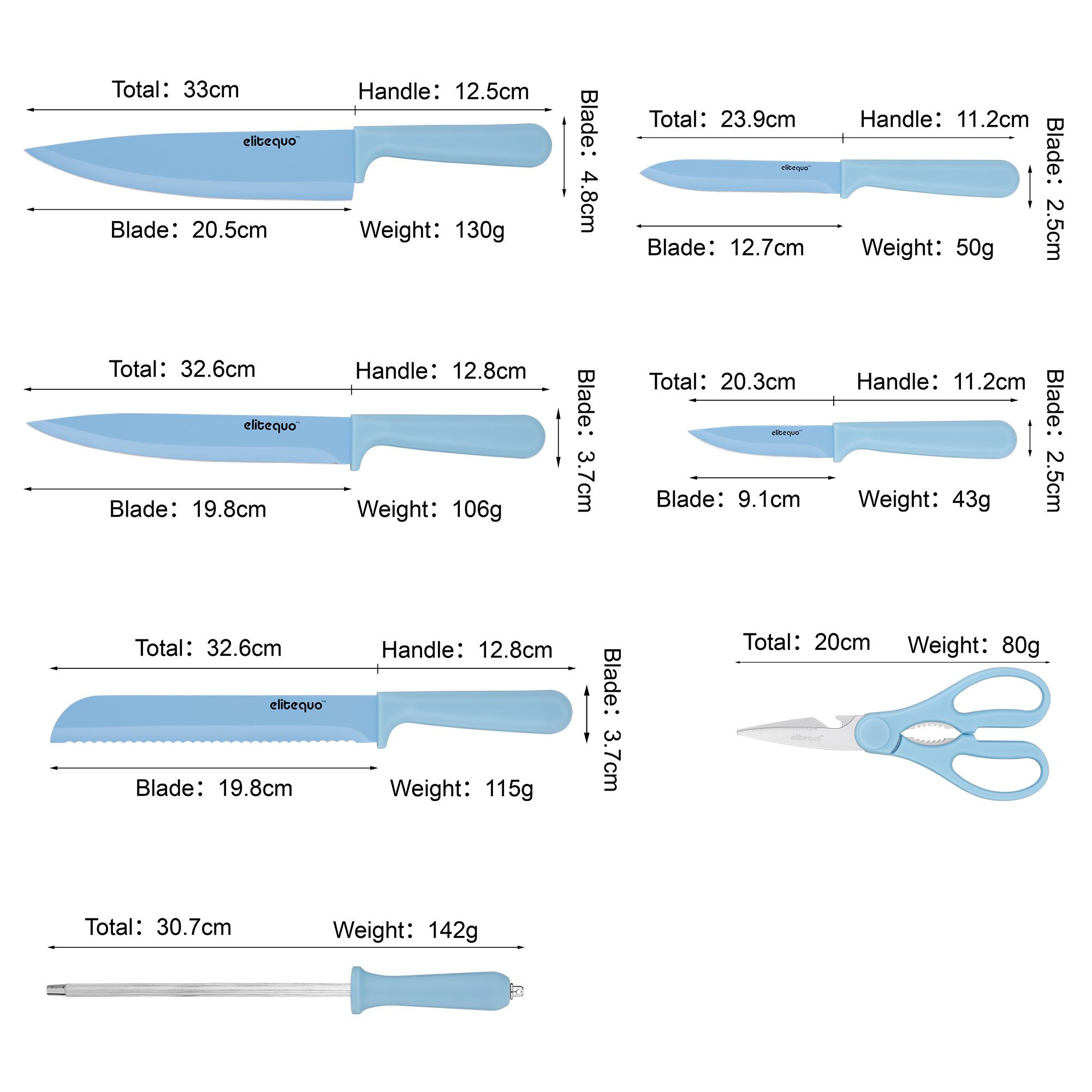 ELITEQUO 8 Piece Knife Set with Blue Ceramic Coated Blades, Stylish Wooden Block & 8 Inch Sharpener - Elegant Kitchen Knife Block for Modern Culinary Excellence