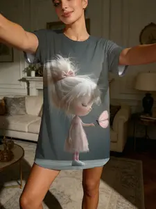 Dreamy Girl Butterfly Print Short Sleeve Round Neck Sleepwear, Casual Loose-Fitting Nightgown for All Seasons, Women's Homeewear Loungewear