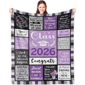 Class of 2026 Graduation Blanket, Purple & Black Patchwork Inspirational Quote Throw Blanket, "Class of 2026" Keepsake Gift for Him or Her