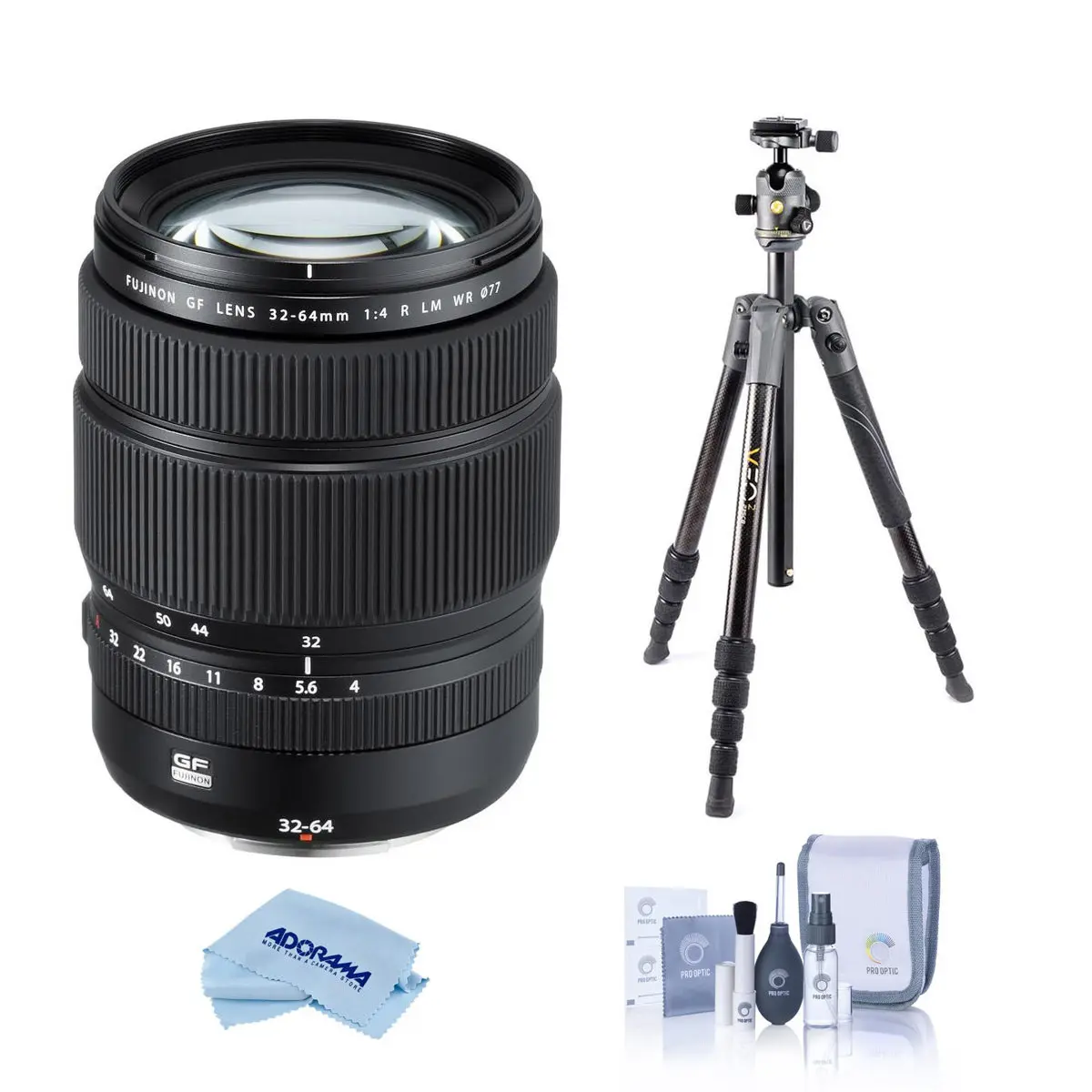 Fujifilm GF 32-64mm f/4 R LM WR Lens, Bundle with Vanguard VEO 3 GO 235AB 23mm 5-Section Aluminum Travel Tripod with T-50 Ball Head, ProOptic Cleaning Kit, Cleaning Cloth