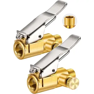 2-Pack Locking Tire Air Chuck, Brass Tire Inflator Hose Adapter w/Clip Adapter & Release Button for Lock On, No Leakage Air Compressor Pump Clip On Tire Chuck Nozzle Adapter Connect Accessories Tool