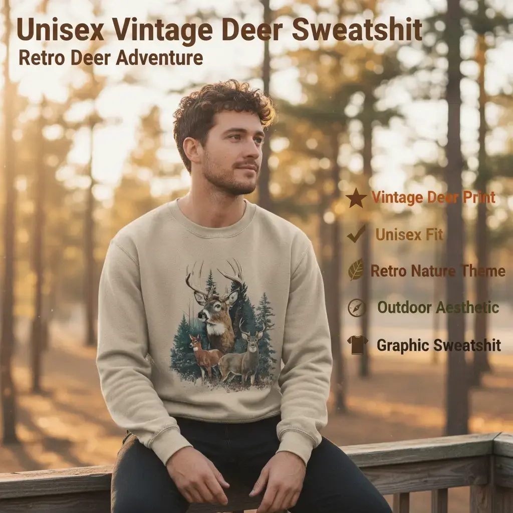 Retro Deer Graphic Sweatshirt, Unisex Casual Long Sleeve Cotton Blend Top with a Vintage Outdoorsy Aesthetic