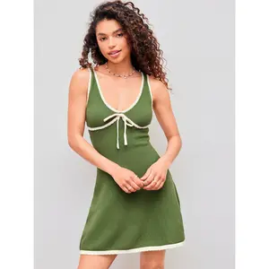 Cider [3 colors, size 0-26] Knitted V-neck Solid Contrasting Binding Knotted Mini Dress