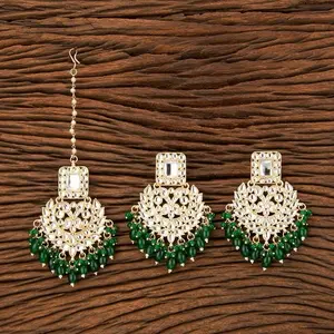 Kundan and Bead Earring Set with Leaf Shaped Design, Green Accents, and Gold Accents