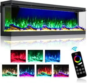 100" Three-Sided RGB Electric Fireplace Insert, Smart WiFi & Remote Control, Log and Crystal Media, Black