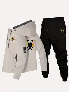 Men's Casual Rabbit Print Outdoor Jacket Set, Camping Hiking Fitness Daily Commute Breathable Durable Mountain Wear