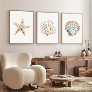 3 Pieces Watercolor Seashell Starfish Art Prints, Modern Ocean Theme Wall Mural, Fresh Nature Home Art, Nautical Gallery Decor, Soft Tone Painting, Wall Decor for Living Room, Bathroom and Bedroom, Framed or Unframed Options Available.