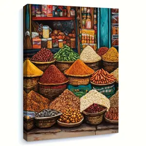 1 Piece, with Frame, Only Prints, Indian Spice Market, Indian Art, Indian Food Prints, Food Art, Food Market Prints, Cultural Decoration, Indian Gifts, Indian Art. Suitable for Living Room, Bedroom, Home Office Decoration Wall Art, 2D Graphic Design, Perf